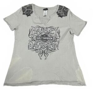 Harley Davidson Motorcycles Y2K Women's Gray & Black Short Sleeve T-Shirt Sz L
